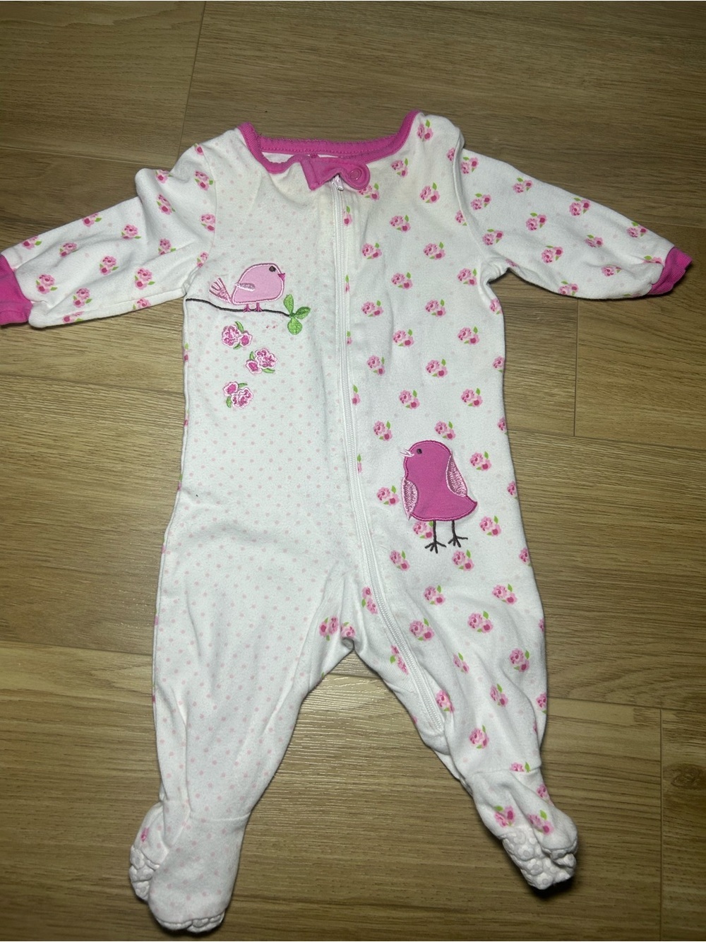 Kirklands White Footed One-Piece with Pink Bird Appliqués and Floral Print